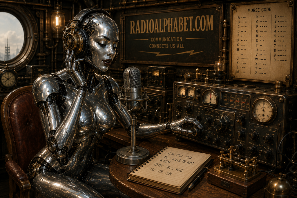 RadioAlphabet Annie: a shiny, sexy robot talking on a steampunk ham radio